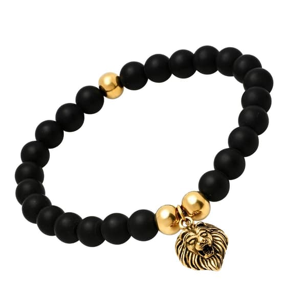 Mens Black Lava Beaded Bracelet with Gold-Plated Lion Accent