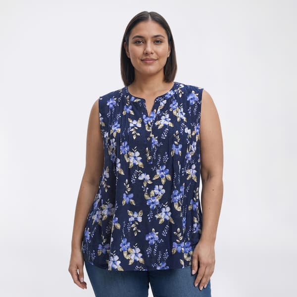 Plus Size Napa Valley Sleeveless Floral Bloom Pleat Henley Blouse - image 