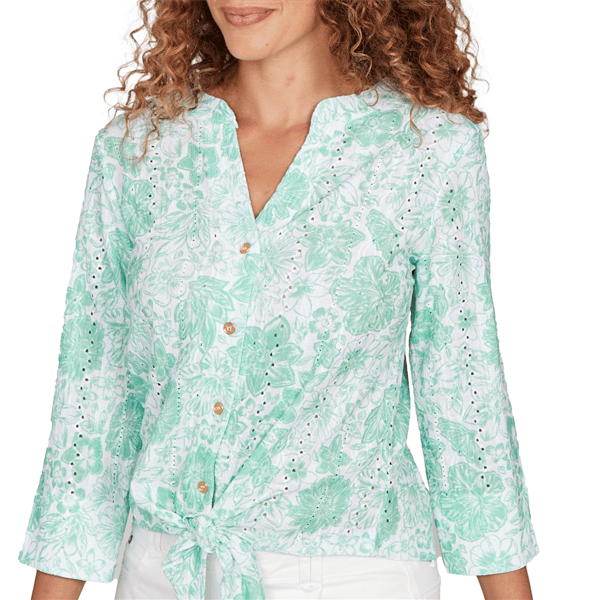 Womens Hearts of Palm All Sun and Games Tie Front Floral Blouse