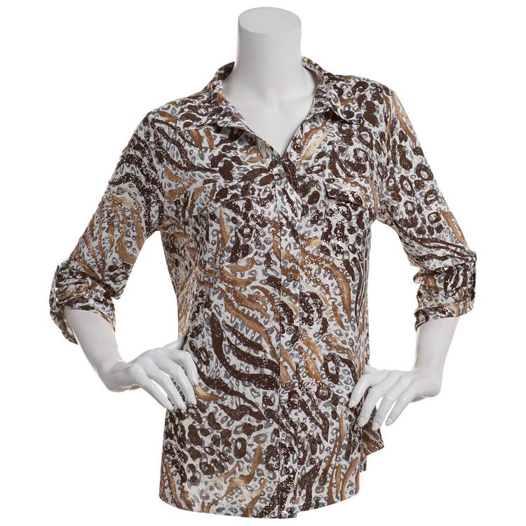 Plus Size Emily Daniels 3/4 Sleeve Foil Print Button Front Blouse