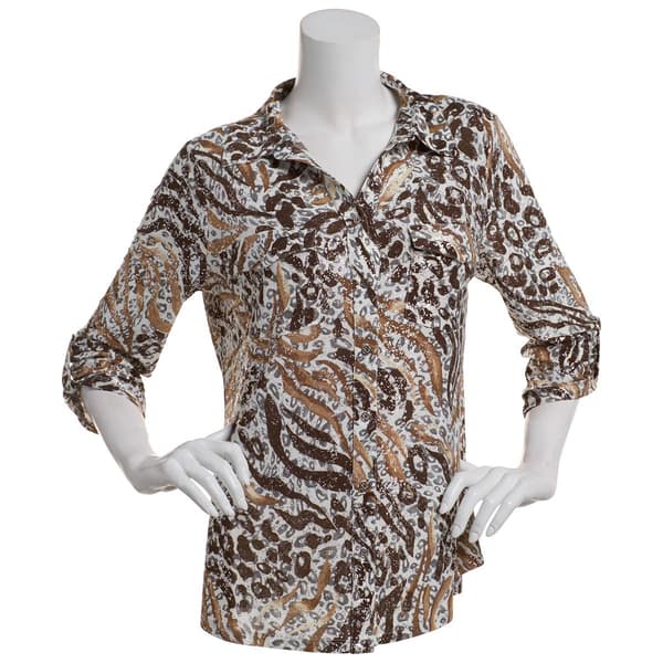 Plus Size Emily Daniels 3/4 Sleeve Foil Animal Button Blouse - image 