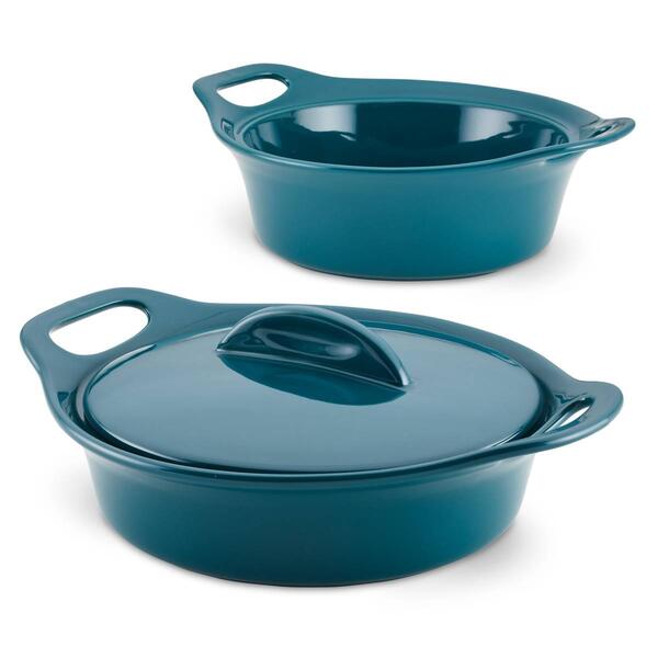 Rachael Ray 3pc. Ceramic Casserole Bakers w/Shared Lid Set-Teal - image 