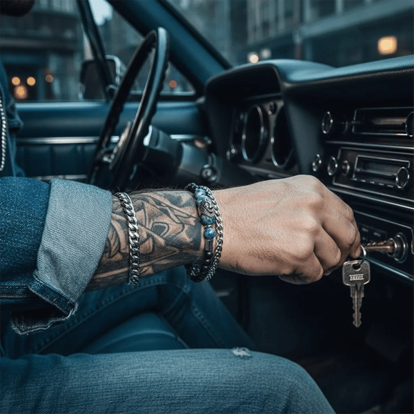 Mens Iron Saints Lion Blue Stone Bead Chain Bracelet