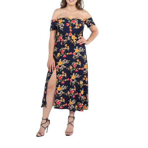 Plus Size 24/7 Comfort Apparel Navy Off The Shoulder Maxi Dress - image 