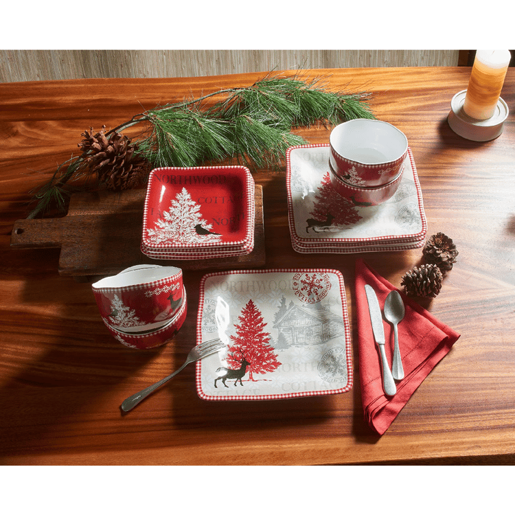 222 Fifth Northwood Cottage Holiday 12pc Porcelain Dinnerware Set
