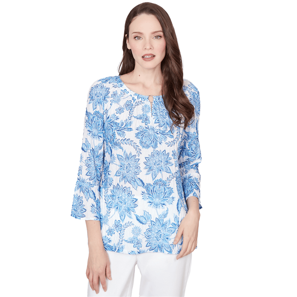Womens Heart''s of Palm Embraceable Blue Printed Crinkle 3/4 Slv - image 