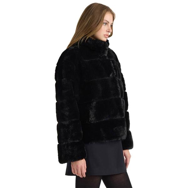 Womens NVLT Wide Stripe Faux Fur Coat with Stand Collar