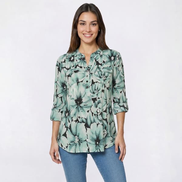 Womens Cocomo 3/4 Sleeve Pleated Split Neck Floral Blouse - image 