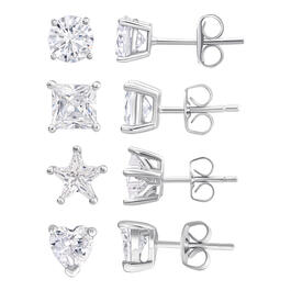 Sterling Silver 4pr. Round/Square/Heart/CZ Earrings Set