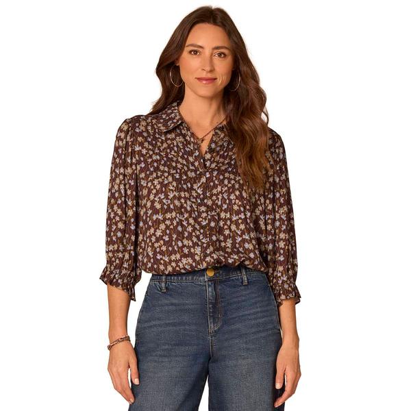 Womens Democracy 3/4 Sleeve Scallop Edge Collar Button Down Prin - image 