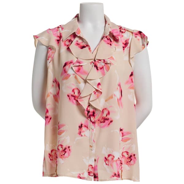 Plus size Calvin Klein Short Sleeve Floral Ruffled Front Blouse - image 