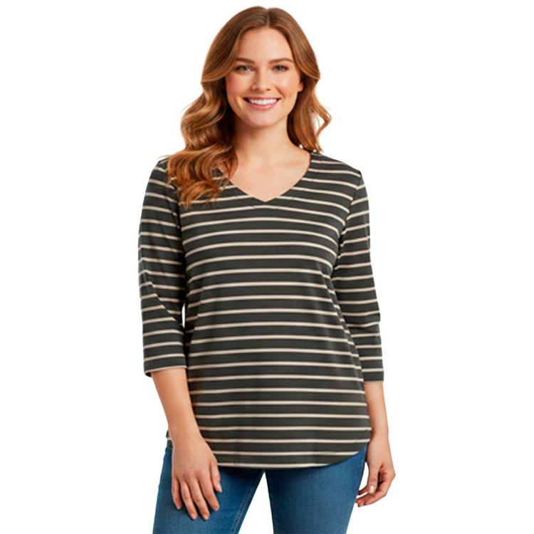Womens Hasting & Smith 3/4 Sleeve Stripe Round Hem V Neck Tee