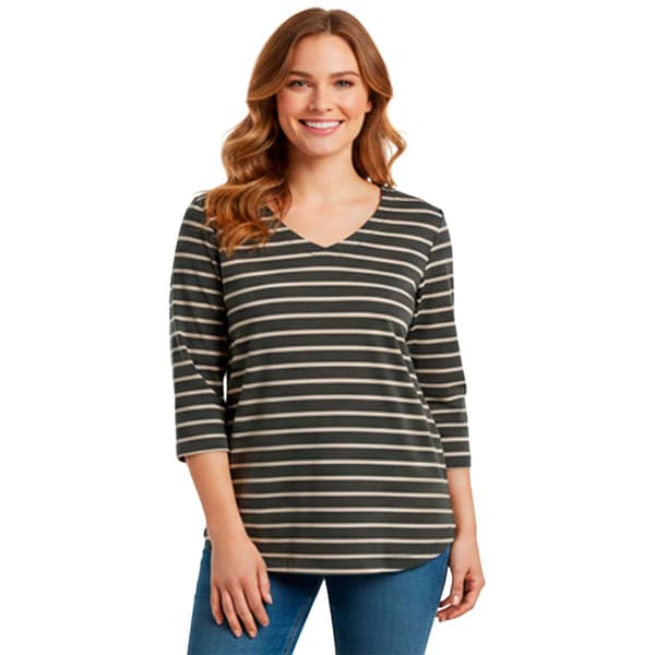 Petite Hasting & Smith 3/4 Sleeve Stripe Round Hem V Neck Tee