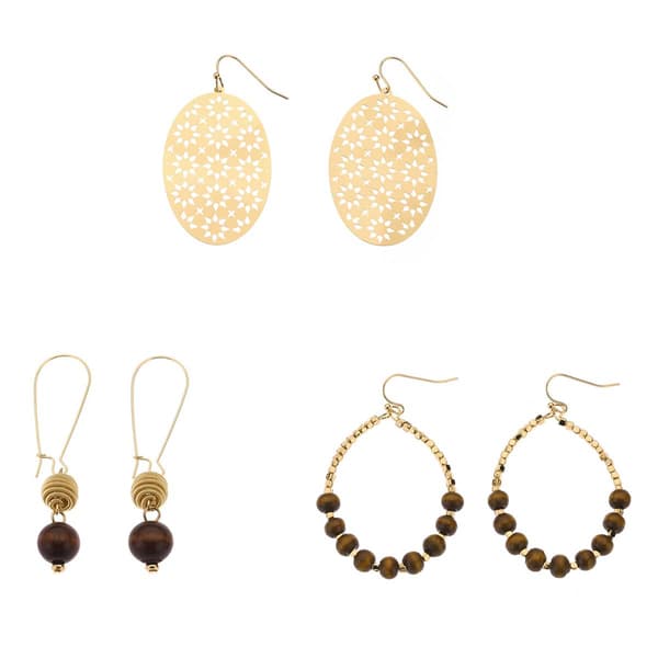 Ashley Cooper(tm) Gold-Tone & Wood Dangle & Hoop Earring Set - image 