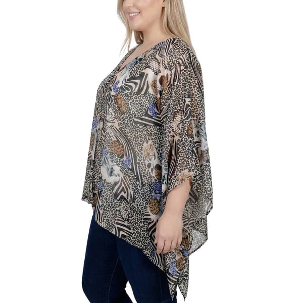 Plus Size NY Collection 3/4 Sleeve Abstract Animal Poncho Blouse