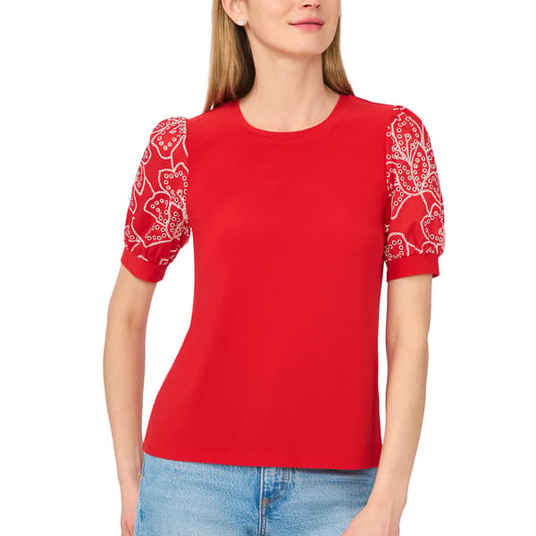 Womens Cece Short Eyelet Puff Sleeve Solid Blouse