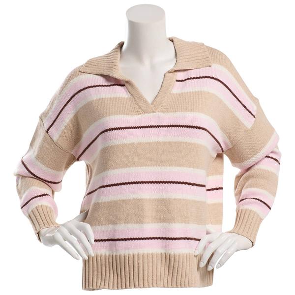 Juniors Pink Rose Jersey Stripe Collar Polo Sweater