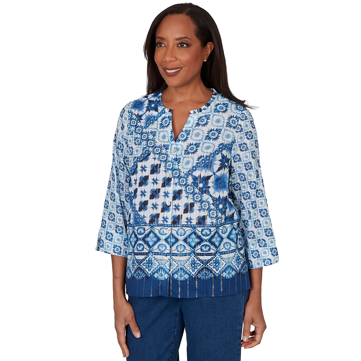 Petite Alfred Dunner Indigo Girls 3/4 Sleeve Patchwork Blouse