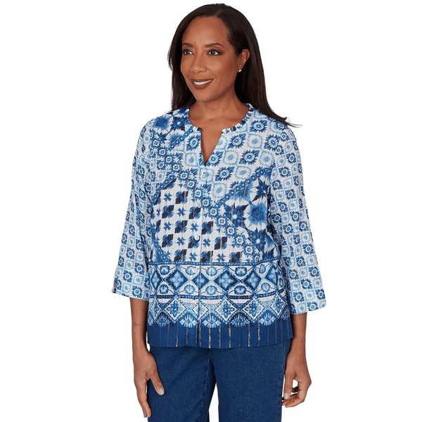 Petite Alfred Dunner Indigo Girls 3/4 Sleeve Patchwork Blouse