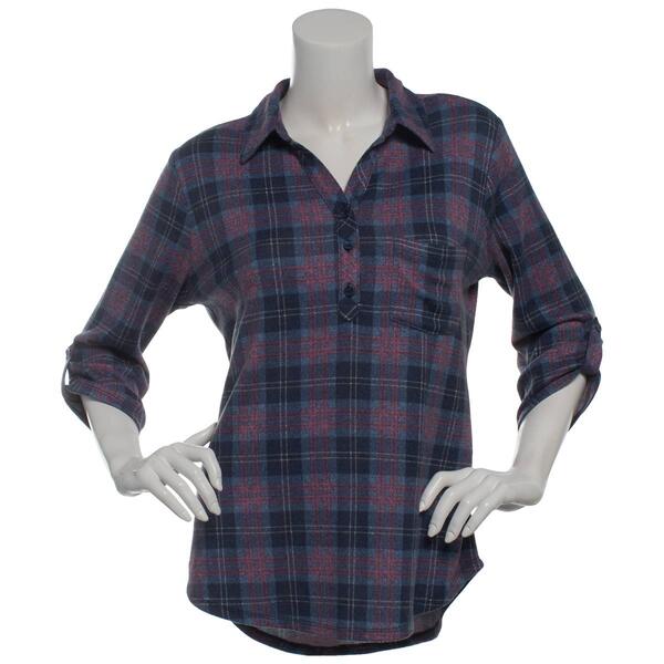 Womens Emily Daniels 3/4 Sleeve Lavender Plaid Henley Blouse - image 