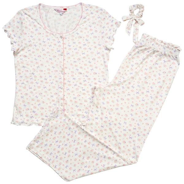 Juniors Rampage Floral & Bows Button Front Long Leg Pajama Set