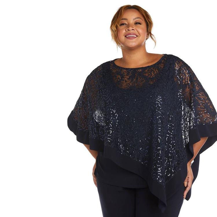 Plus Size R&M Richards Sequin Lace Poncho Pants Set