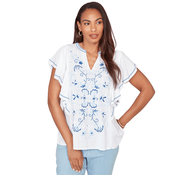 Womens Ruby Rd. French Riviera Ruffle Sleeve Embroidery Blouse - image 