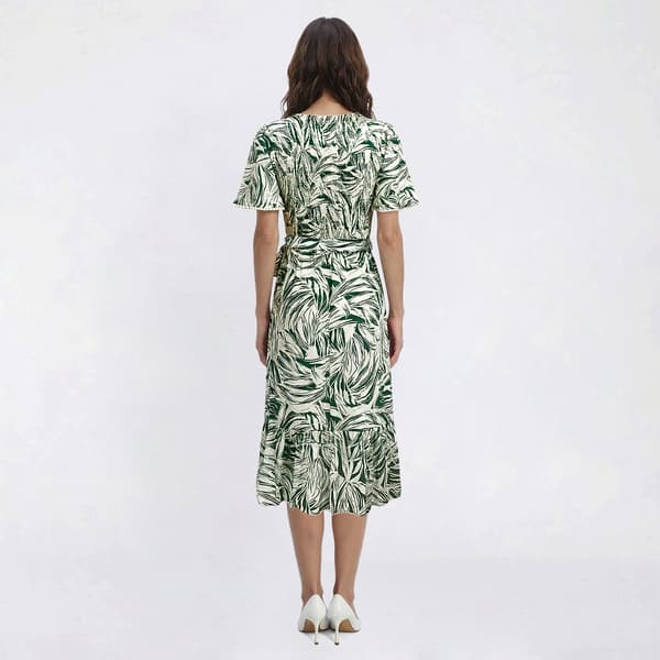 Womens Luxology Short Sleeve V Neck Tropical Leaf Midi Dress