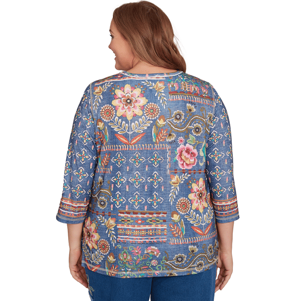 Plus Size Alfred Dunner El Paso Denim Floral Patchwork Blouse