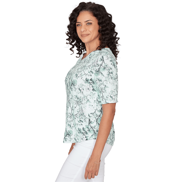 Petite Emaline Verde Grove I Asymmetrical V Neck Floral Blouse