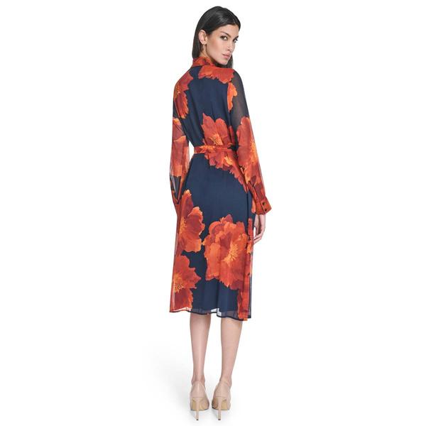 Womens Calvin Klein Long Sleeve Floral Belt Waist Shirtdress