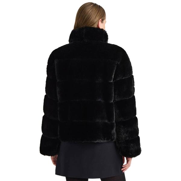 Womens NVLT Wide Stripe Faux Fur Coat with Stand Collar