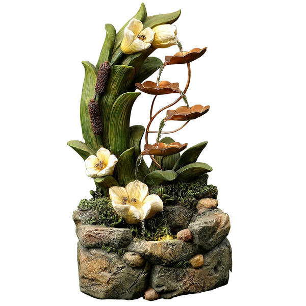 Resin LED Flowers w/ Metal Leaves Fountain - image 
