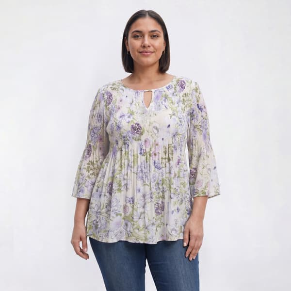 Plus Size Floral & Ivy 3/4 Sleeve Floral Pleater Blouse - image 