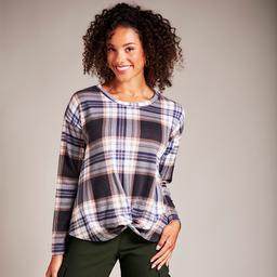 Womens Tru Self Long Sleeve Twist Front Hacci Plaid Tee