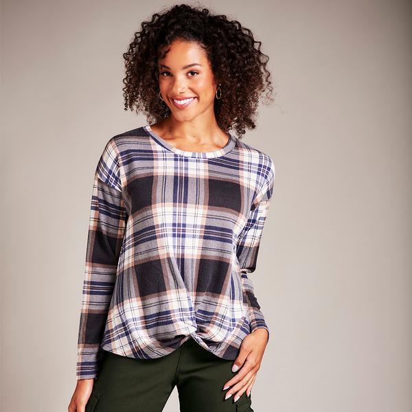 Womens Tru Self Long Sleeve Twist Front Hacci Plaid Tee - image 