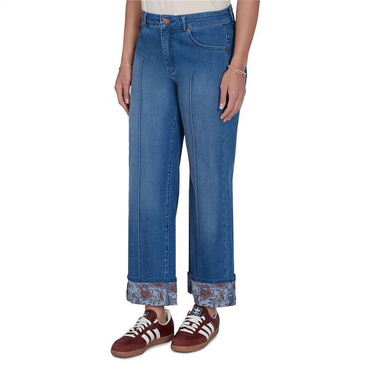 Womens Ruby Rd. Game of Luxe Floral Cuff Wide Leg Jeans