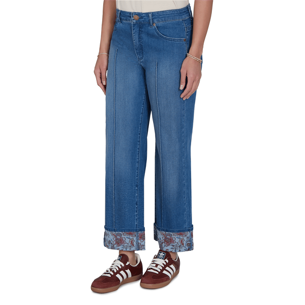 Womens Ruby Rd. Game of Luxe Floral Cuff Wide Leg Jeans