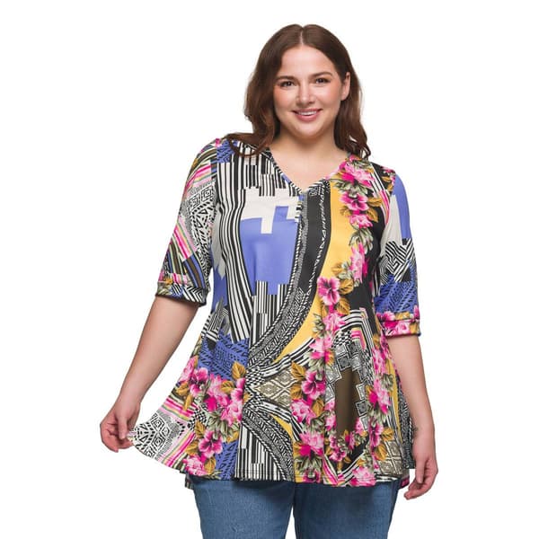 Plus Size 24/7 Comfort Apparel Multicolor Floral Henley Tunic Top