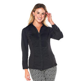 Plus Size Zac &amp; Rachel Pleated Front Knit To Fit Button Down Top