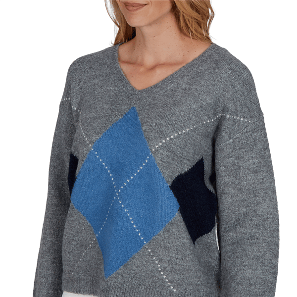 Petite Hearts of Palm Autumn Breeze V Neck Argyle Sweater