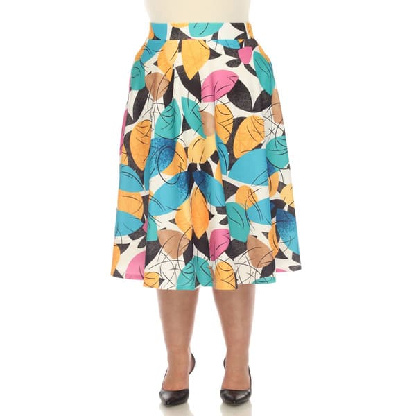 Plus Size White Mark Leaf Print Flared Midi Skirt - image 