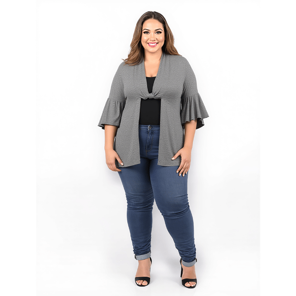 Plus Size 24/7 Comfort Apparel Tie Front Bell Sleeve Cardigan - image 