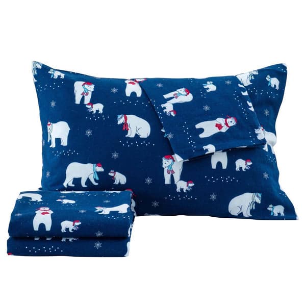 Freshfolds Cotton Navy Polar Bears Holiday 4pc. Flannel Sheet Set - image 