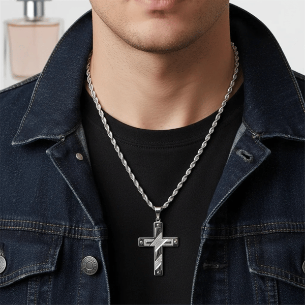 Mens Iron Saints Stainless Steel Polished Cross Pendant Necklace