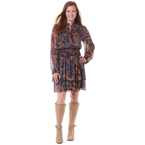 Womens Vivid Aura Long Sleeve Paisley Tie Neck A-Line Dress - image 