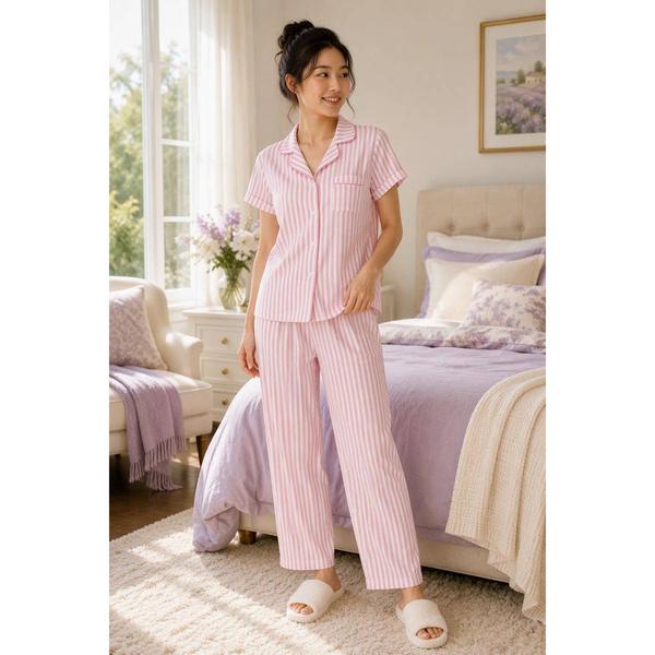 Womens Laura Ashley(R) Short Sleeve Stripe & Long Leg Pajama Set - image 