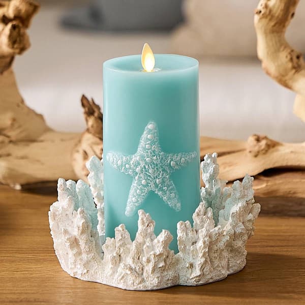 Soft Teal Embossed Starfish Pillar Candle