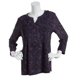 Womens Napa Valley 3/4 Sleeve Paisley Pleat Knit Henley-Purple