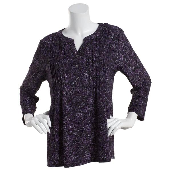 Womens Napa Valley 3/4 Sleeve Paisley Pleat Knit Henley-Purple - image 